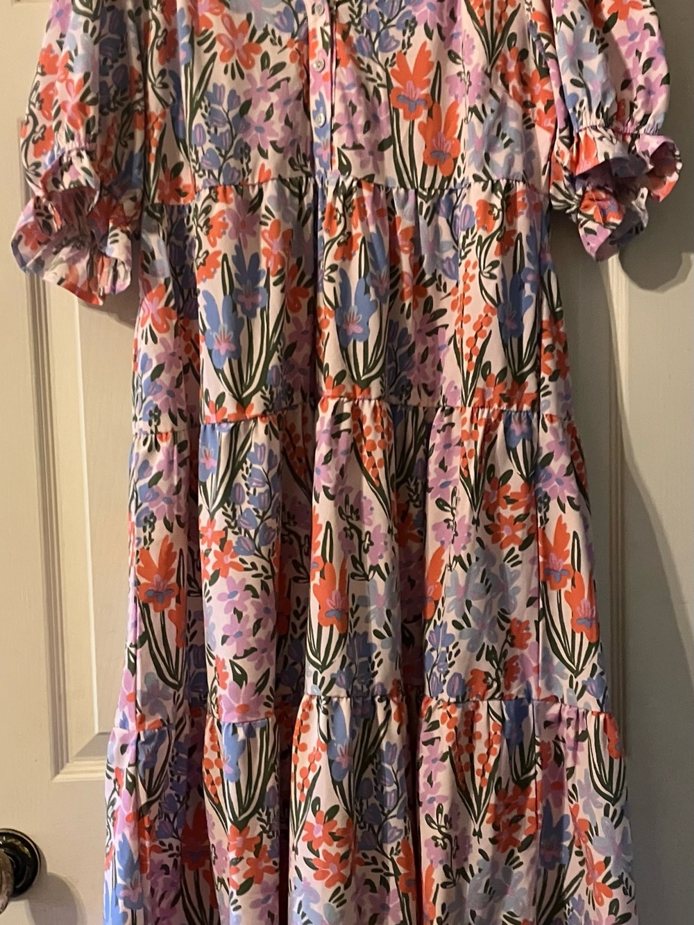Mary Square Floral Tiered Midi Dress in Pink, Blue & Coral